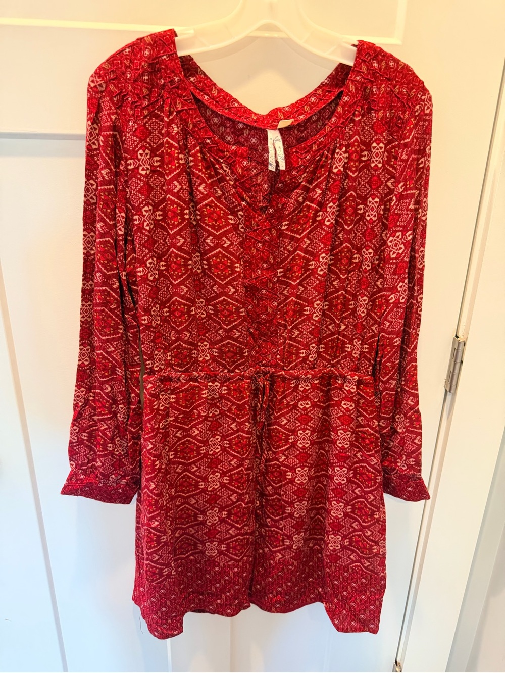 Ayla M Red Burgundy Boho Print Long Sleeve Tie Waist Dress